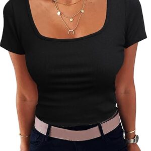 Aottori Tshirt Ladies Square Neck Summer Tops Short Sleeve Ribbed Basic Tee Shirts Slim Fit Elegant T-Shirt Stretch Casual Solid Color Tops