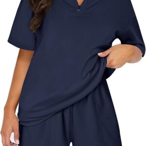 Aottori Women's Tracksuit Cotton Jogging Suit Short V-Neck Sports Suit Half Zip Leisure Suit Two Piece Leisure Suit Summer Sweatshirt Short Sleeve and Sports Trousers with Pockets