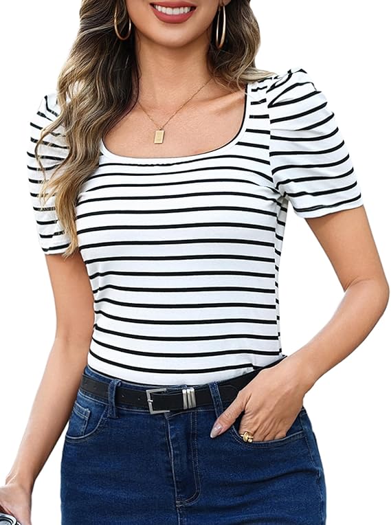 Aottori Striped T-Shirt Women's Short Sleeve Slim Fit Ribbed Cotton Stretch Summer Tops with Square Neck Casual Elegant Tops
