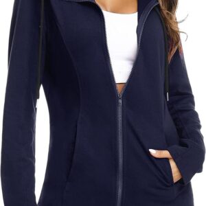 Aottori Thin Zip Hoodie Ladies Cotton Sweat Jacket with Hood Unicolored Basic Hooded Jacket Hoodie Outwear Sweatshirt with Zipper Jackets for Spring Autumn