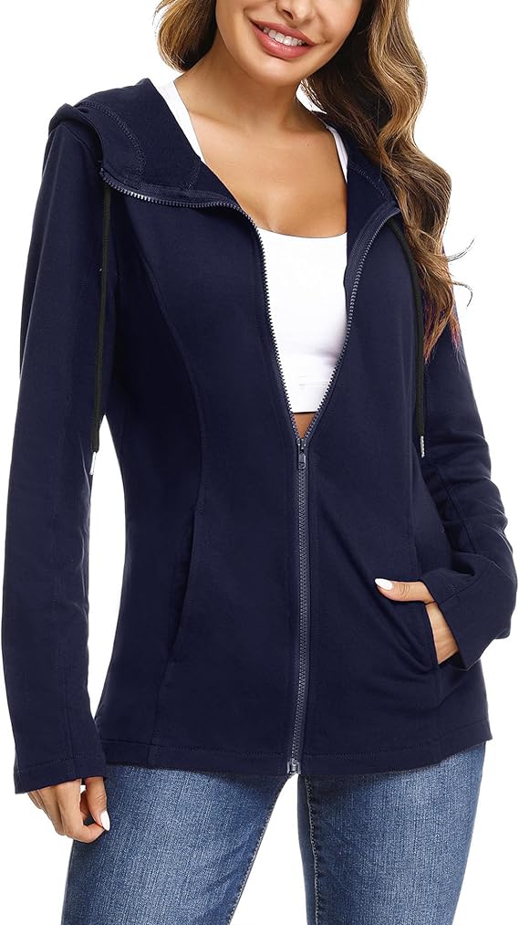 Aottori Thin Zip Hoodie Ladies Cotton Sweat Jacket with Hood Unicolored Basic Hooded Jacket Hoodie Outwear Sweatshirt with Zipper Jackets for Spring Autumn