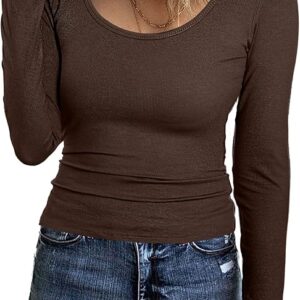 Aottori Women's Long Sleeve Crew Neck Elegant Tops Ribbed Stretch T-Shirt Long Sleeve Slim Fit Pullover Sexy Casual Basic Tops