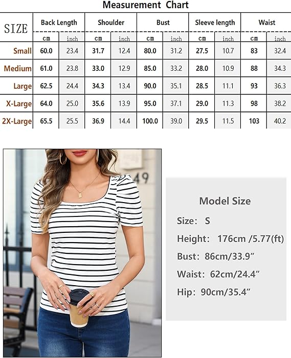 Aottori Striped T-Shirt Women's Short Sleeve Slim Fit Ribbed Cotton Stretch Summer Tops with Square Neck Casual Elegant Tops - Image 7