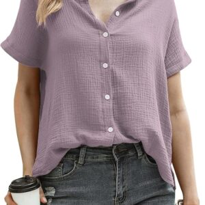Aottori Muslin Blouse Women's Elegant Tops 100% Cotton Short Sleeve Shirt Blouse with V-Neck Blouses Tunic Tops Summer