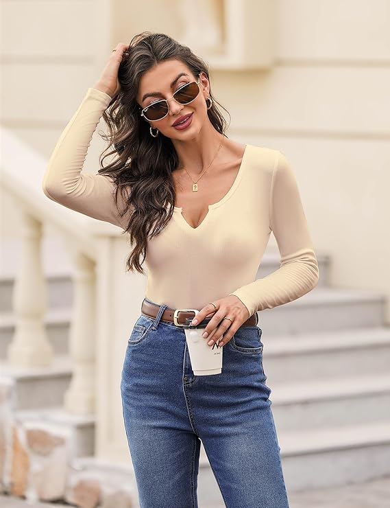 Aottori Women's Long Sleeve Ribbed Elegant Tops V-Neck Long Sleeve Pullover Cotton Slim Fit T-Shirt Stretch Casual Basic Top - Image 5