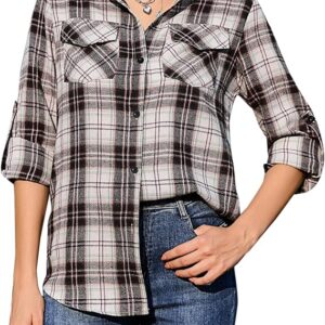 Aottori Women's Cotton Shirt Checked Shirt Long Sleeve Button-Down V-Neck Checked Shirt Blouse Tunic Tops Shirt T-Shirt Casual Leisure Summer Blouse Shirt