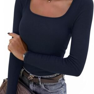 Aottori Women's Long-Sleeve T-Shirt, Square Neckline, Ribbed Basic Long-Sleeve Shirt