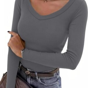 Aottori Long Sleeve Women's V-Neck Ribbed Slim Fit Elegant