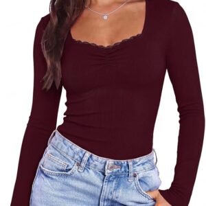 Aottori Long Sleeve Women's V-Neck Lace Shirt Basic Ribbed Slim Fit